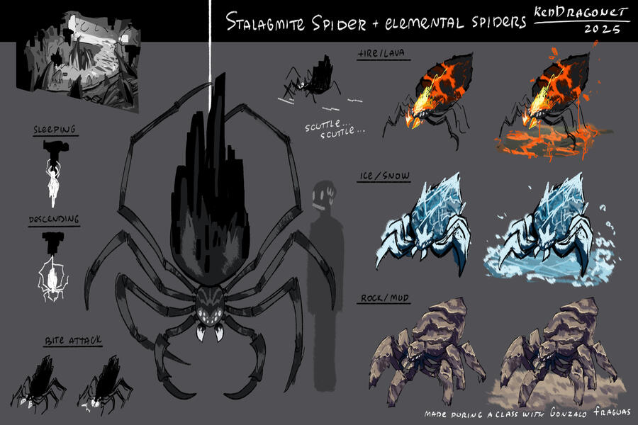 Stalagmite Spider Concept Art, done in Gonzalo's concept art course - July 2025