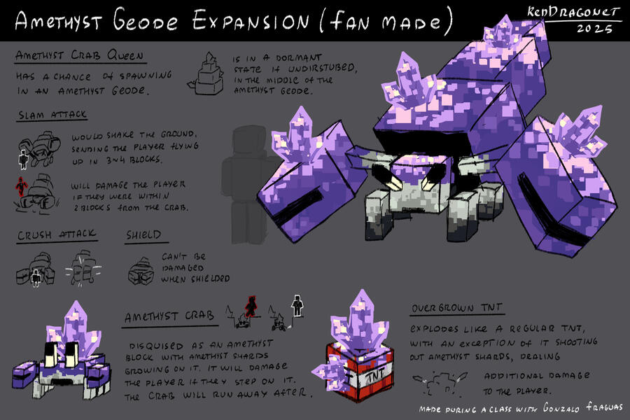 Minecraft fan art Concept Art of amethyst geodes, done in Gonzalo's concept art course - July 2025